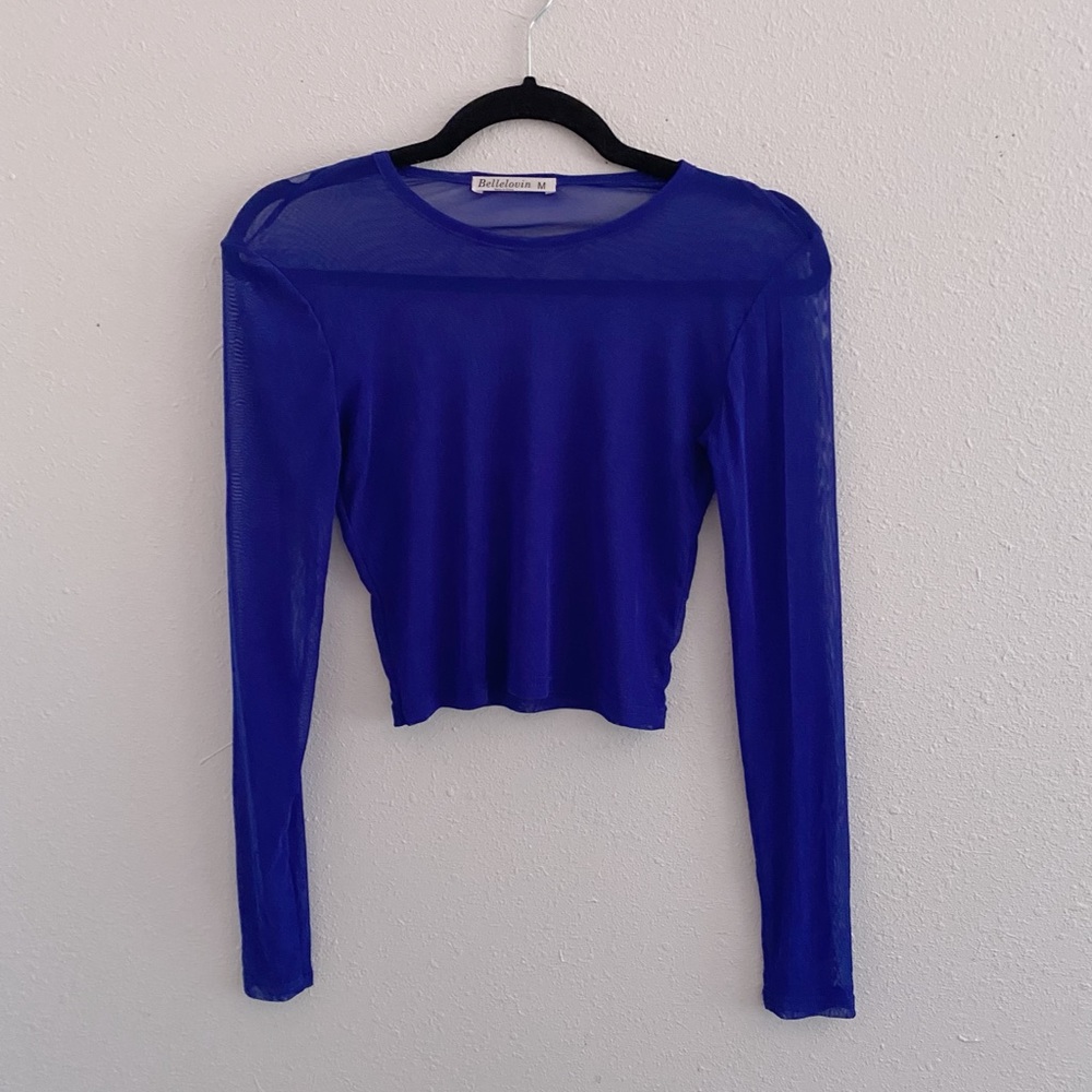 Blue Mesh Long Sleeve Crop Top